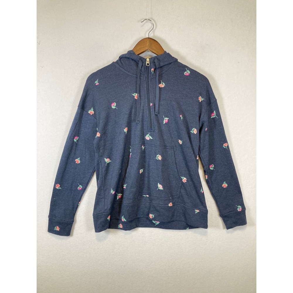 Cottagecore Croft & Barrow Women PM Navy Floral Quarter Zip Hoodie Sweatshirt